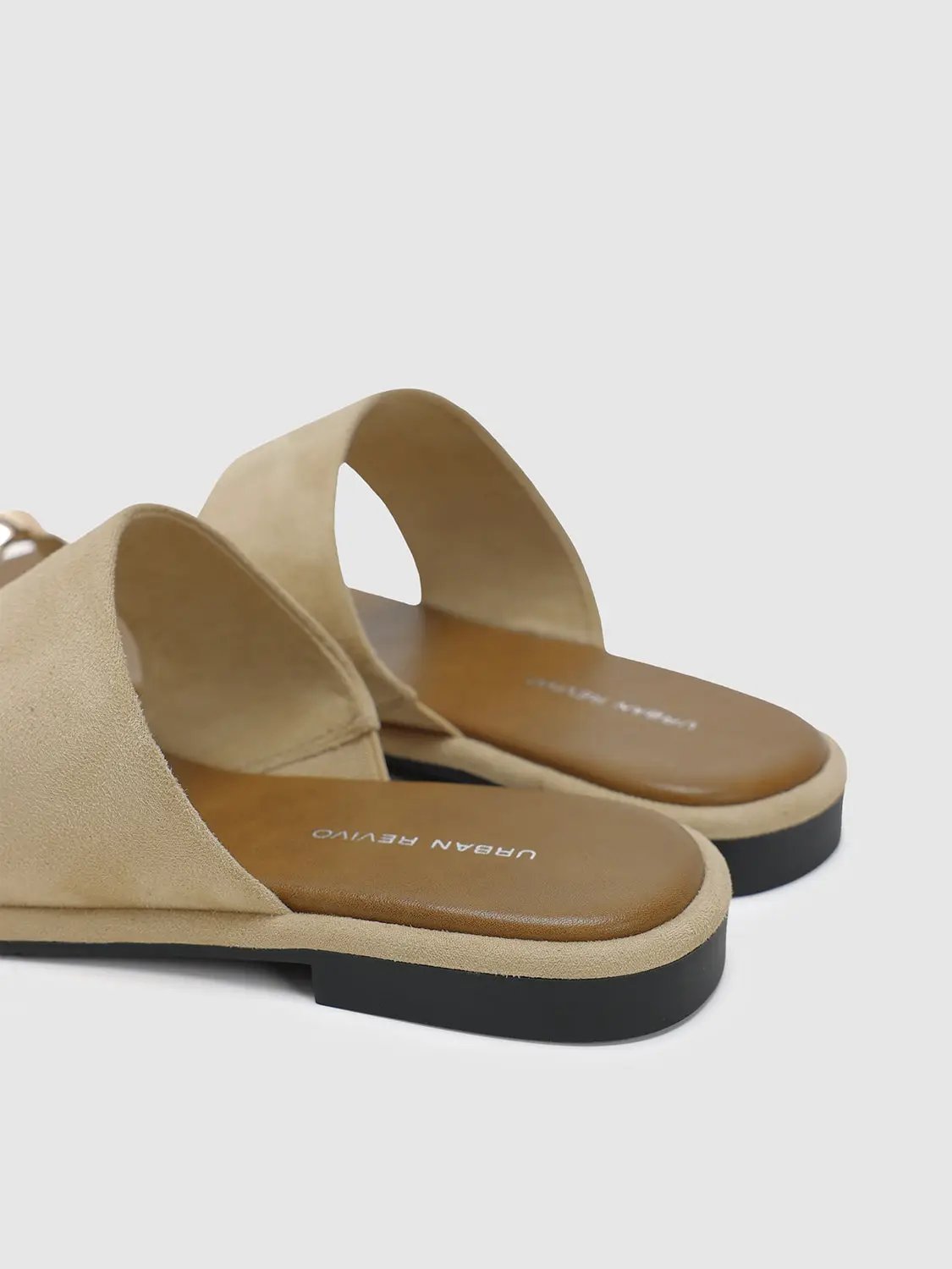 Square Toe Two-Tone Suede Metal Detail Slip On Flat Sandals