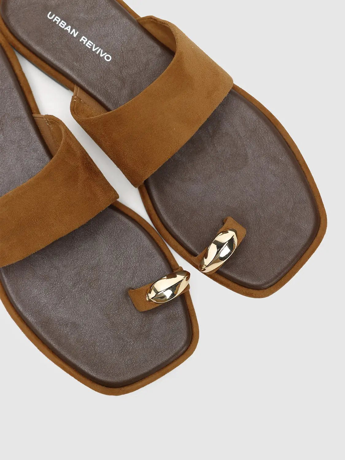 Square Toe Two-Tone Suede Metal Detail Slip On Flat Sandals