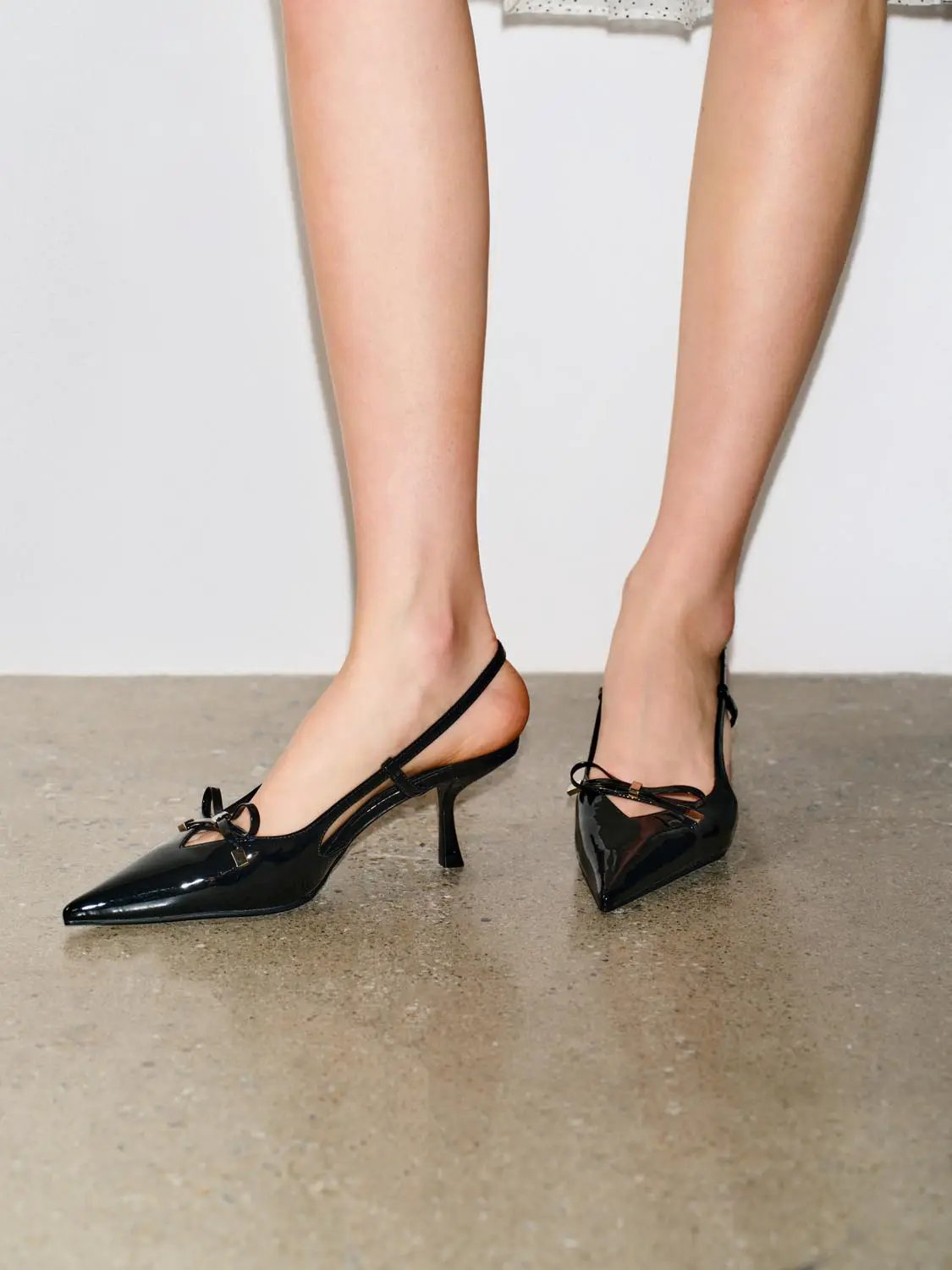 Pointed Toe Slingback Heels With Ankle Strap And Bow