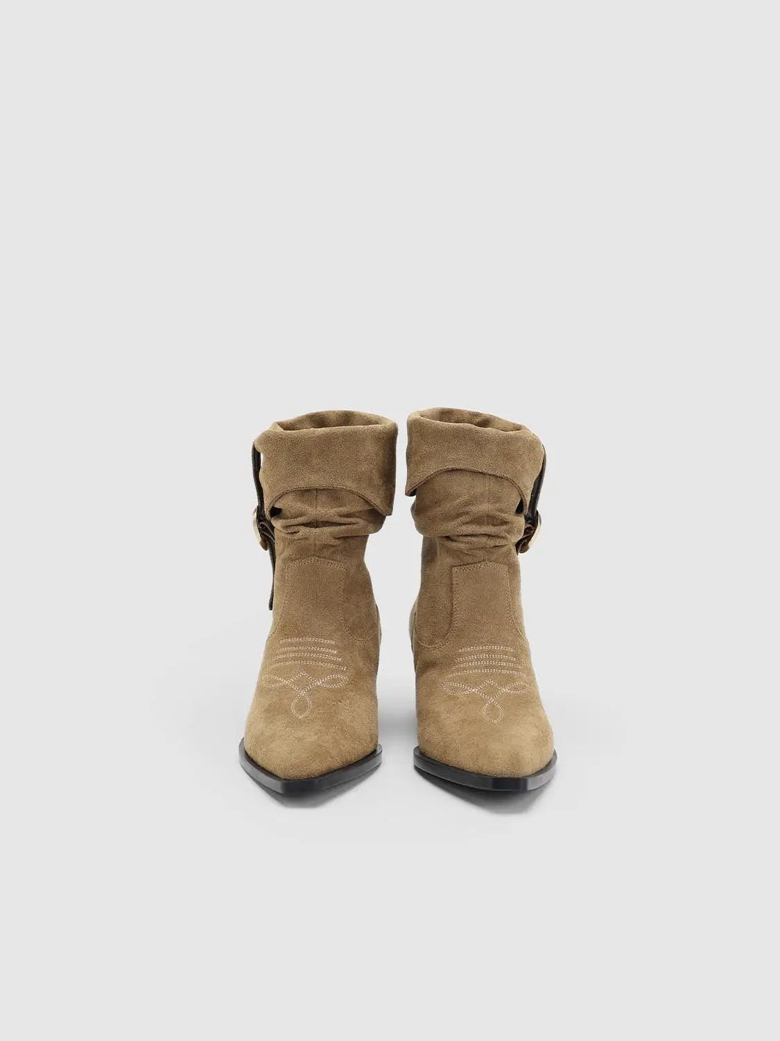 Ruched Western Buckle Pointed Toe Block Heel Boots