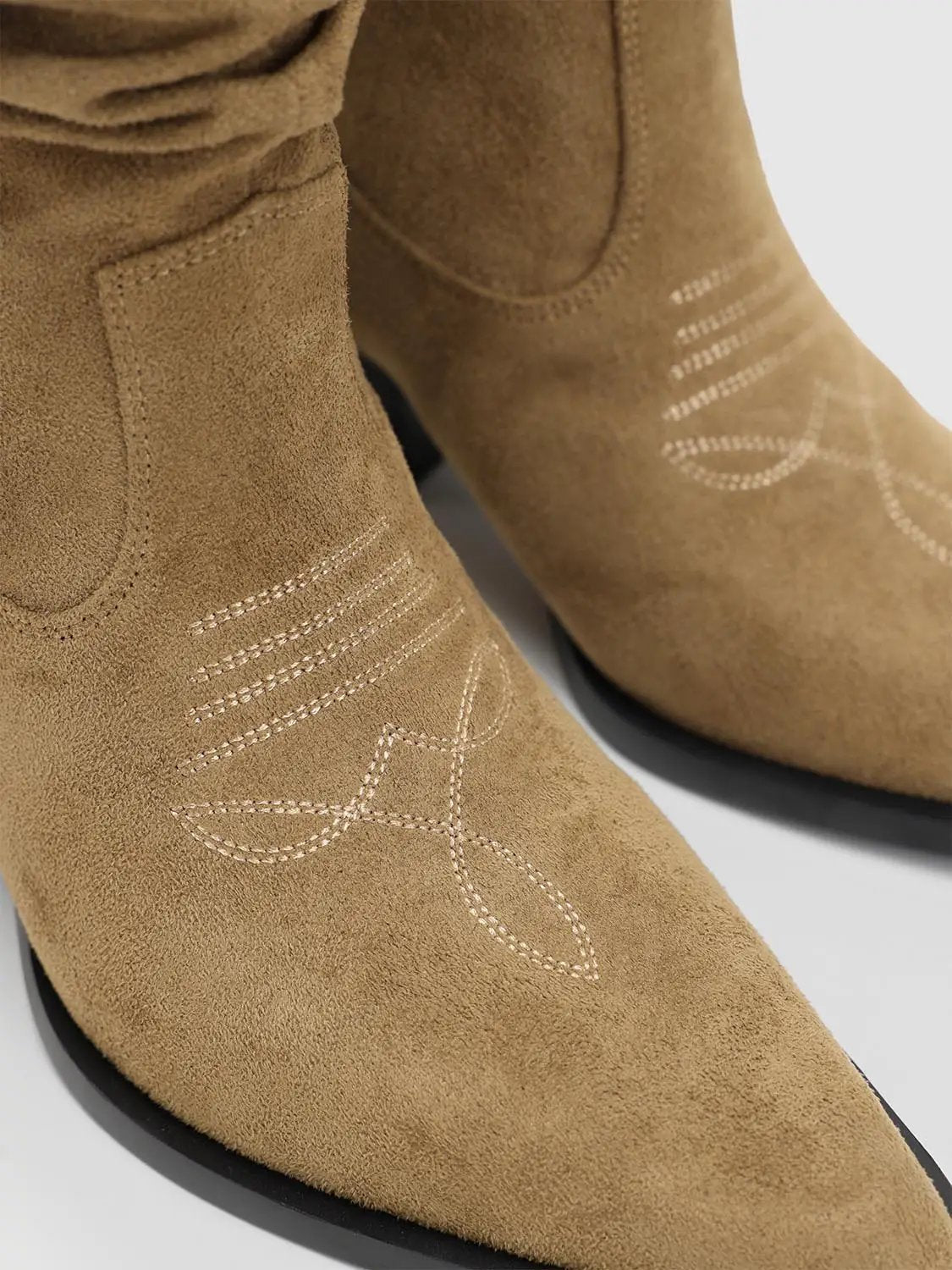 Ruched Western Buckle Pointed Toe Block Heel Boots