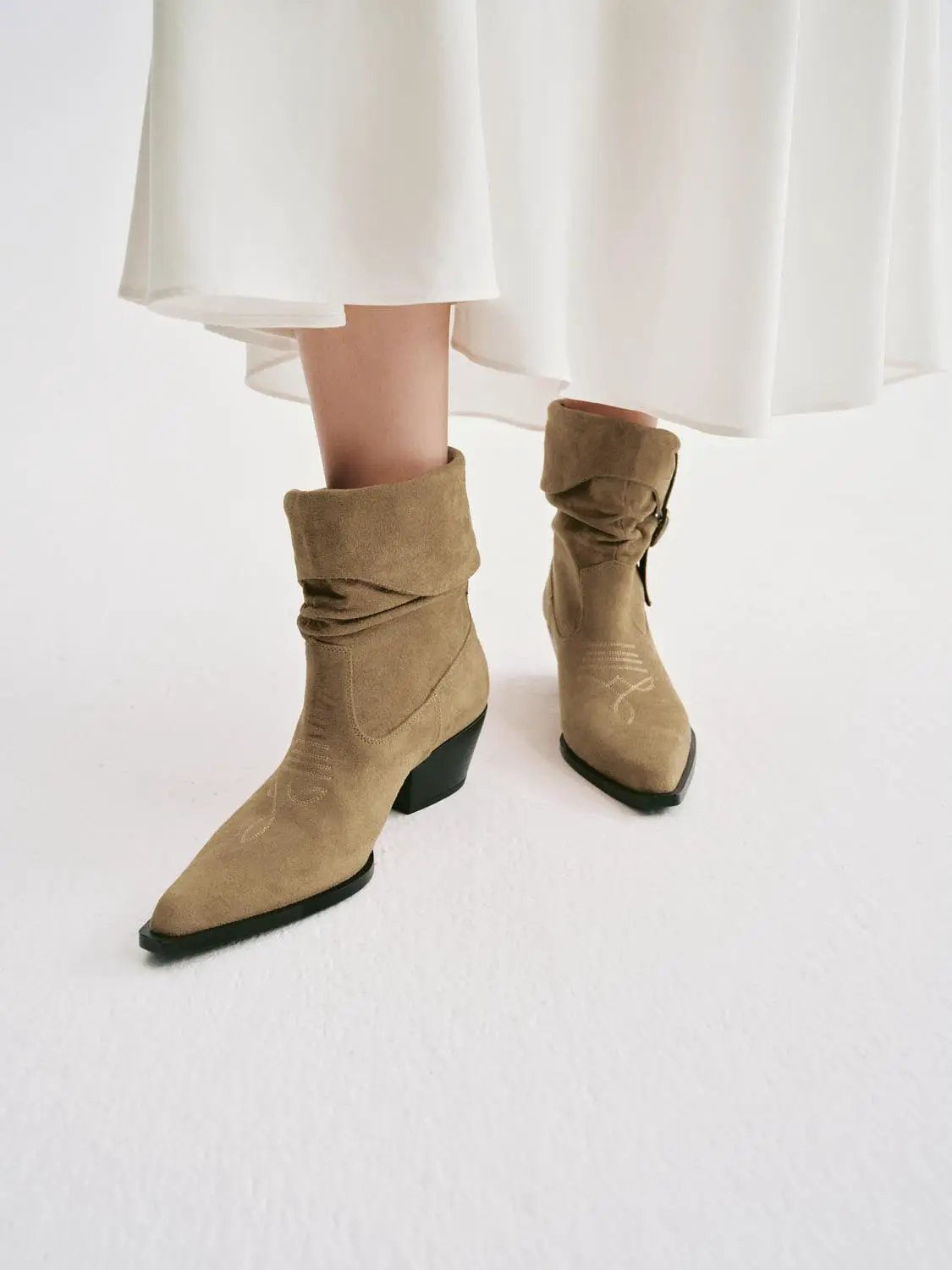 Ruched Western Buckle Pointed Toe Block Heel Boots