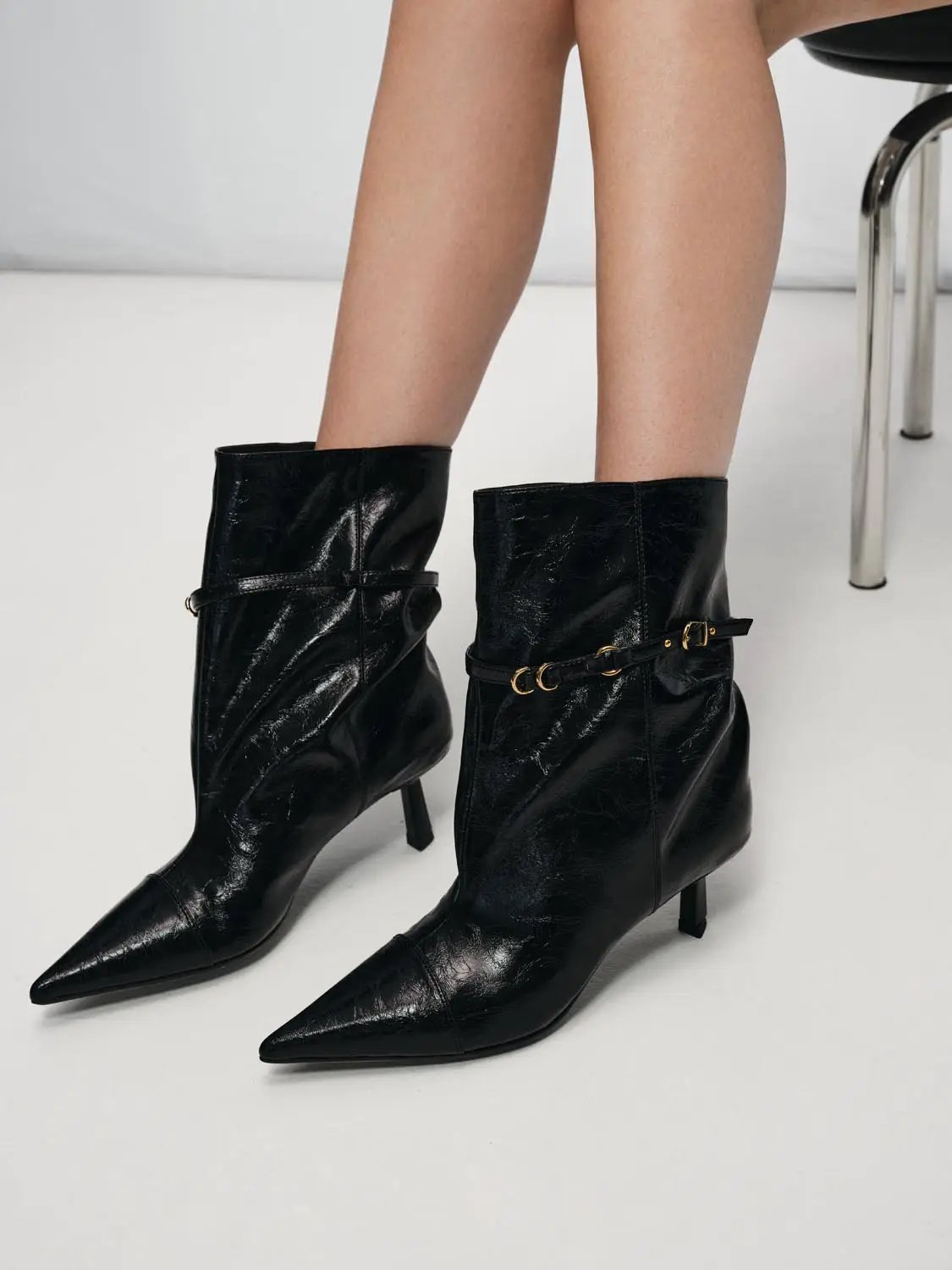 Pointed Toe Textured Buckle Strap Heeled Boots