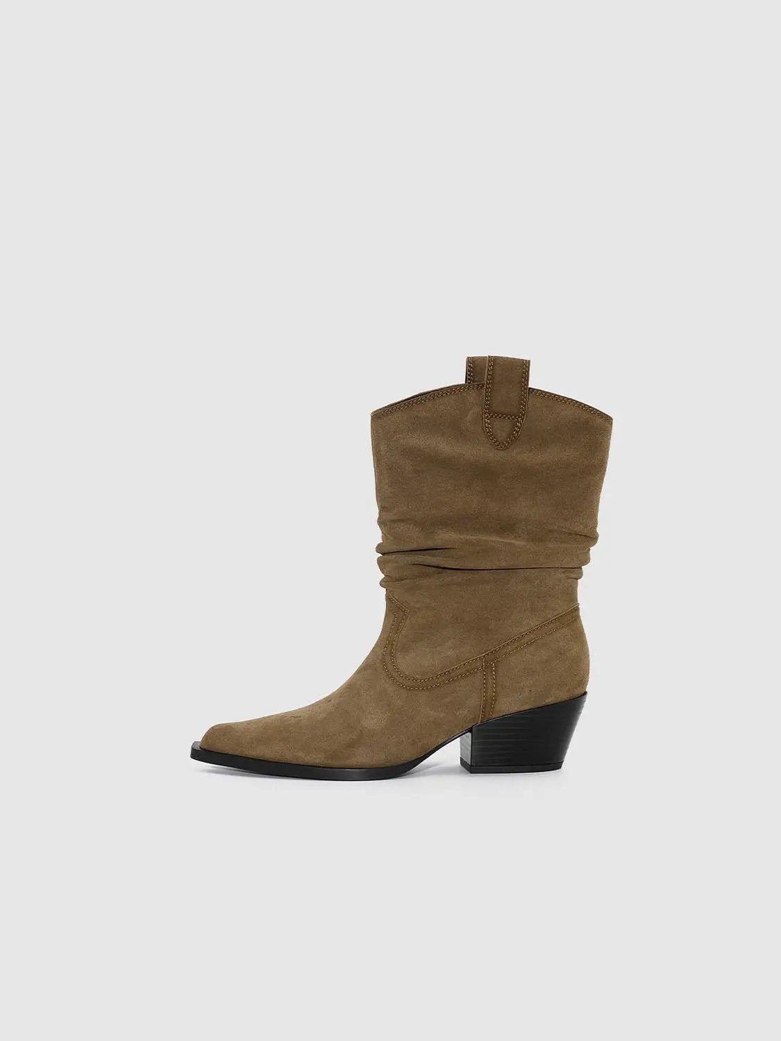 Ruched Mid-Calf Western Pointed Toe Block Heel Boots