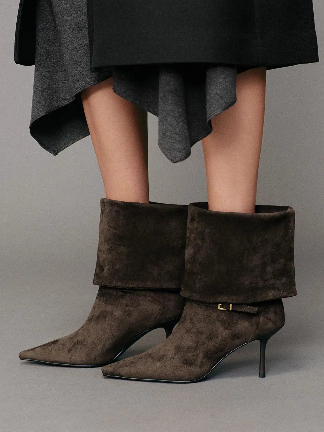 Pointed Toe Fold Over Cuff Buckle High Heel Boots