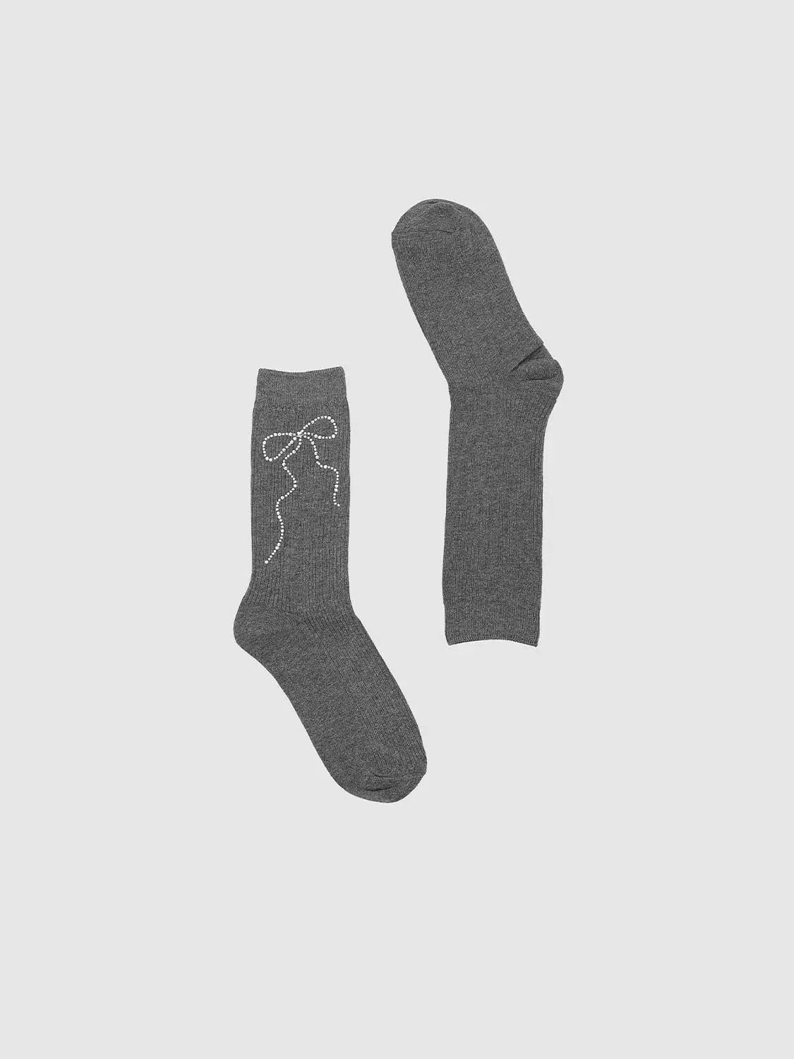 Ribbed Knit Rhinestone Bow Pattern Cotton Mid Calf Socks