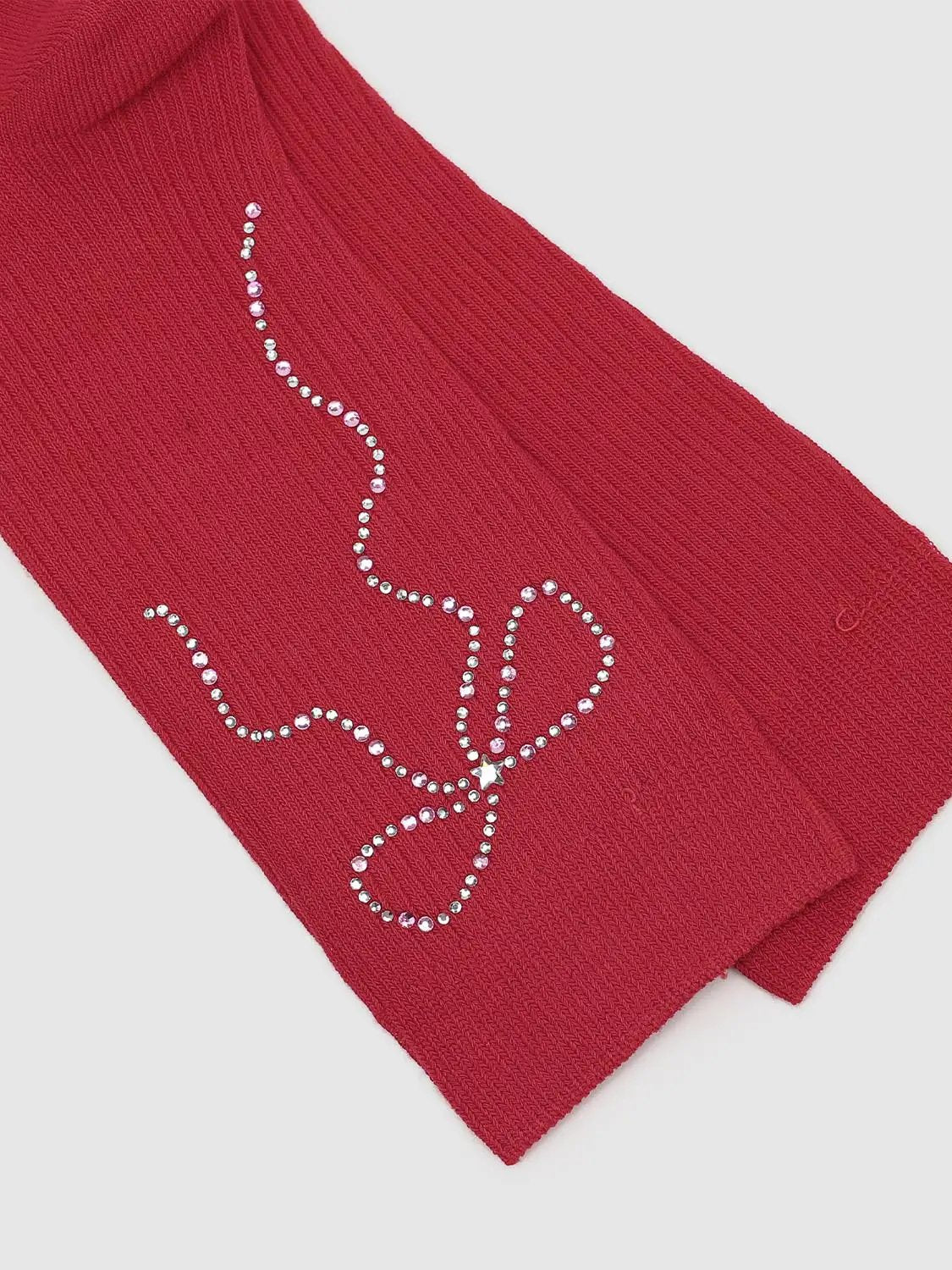 Ribbed Knit Rhinestone Bow Pattern Cotton Mid Calf Socks