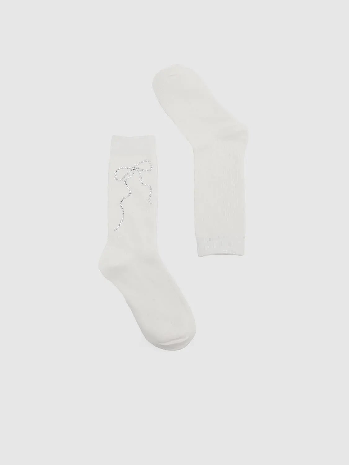 Ribbed Knit Rhinestone Bow Pattern Cotton Mid Calf Socks