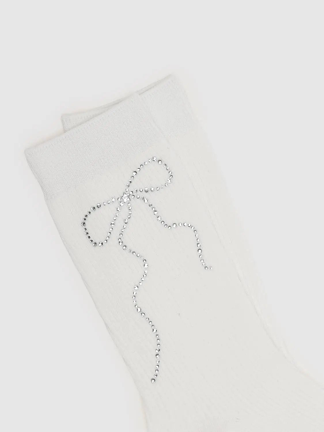 Ribbed Knit Rhinestone Bow Pattern Cotton Mid Calf Socks