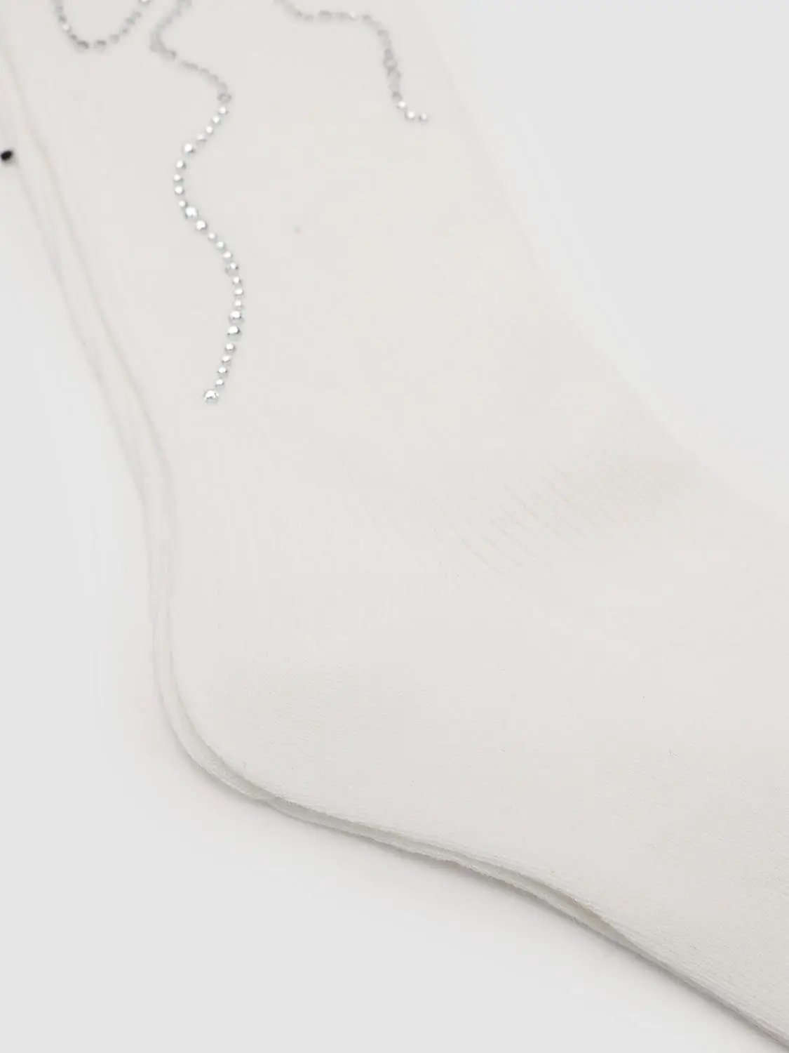 Ribbed Knit Rhinestone Bow Pattern Cotton Mid Calf Socks