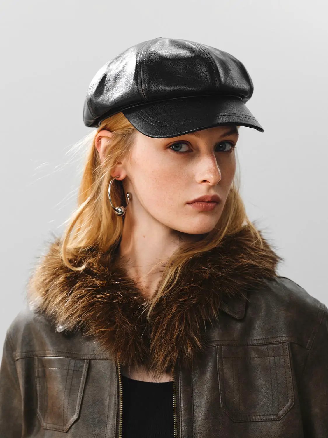 Coated Paneled Short Brim Baker Boy Hat