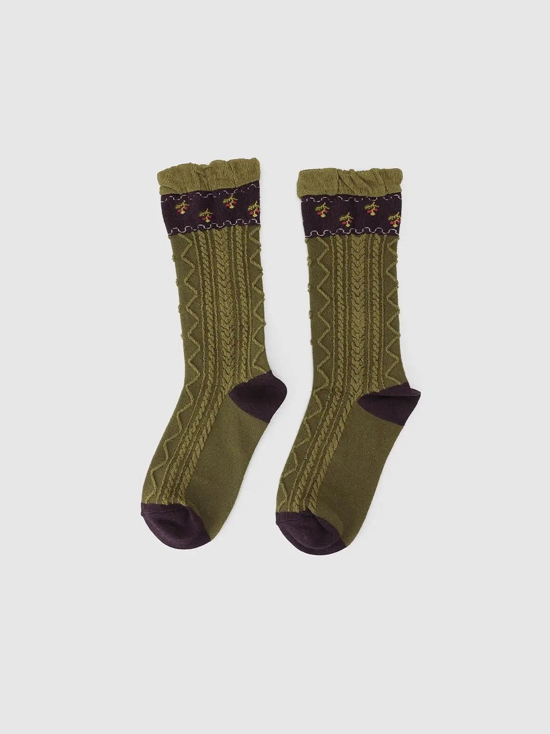 Ruffled Cable Knit Floral Band Brown Socks