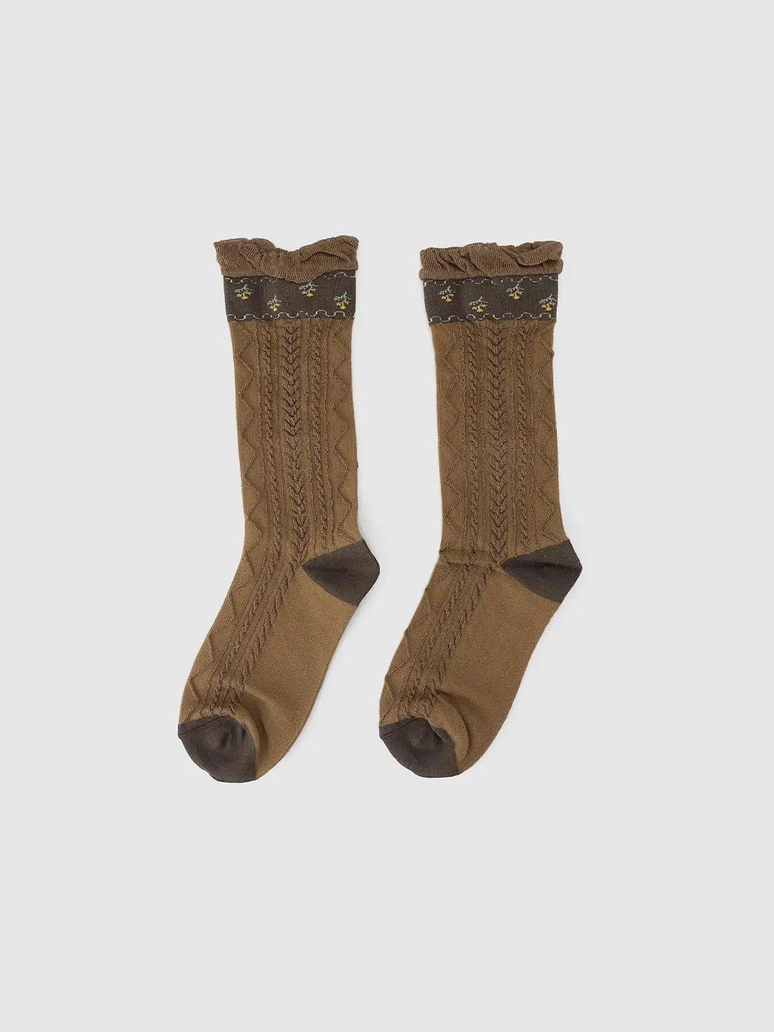 Ruffled Cable Knit Floral Band Brown Socks