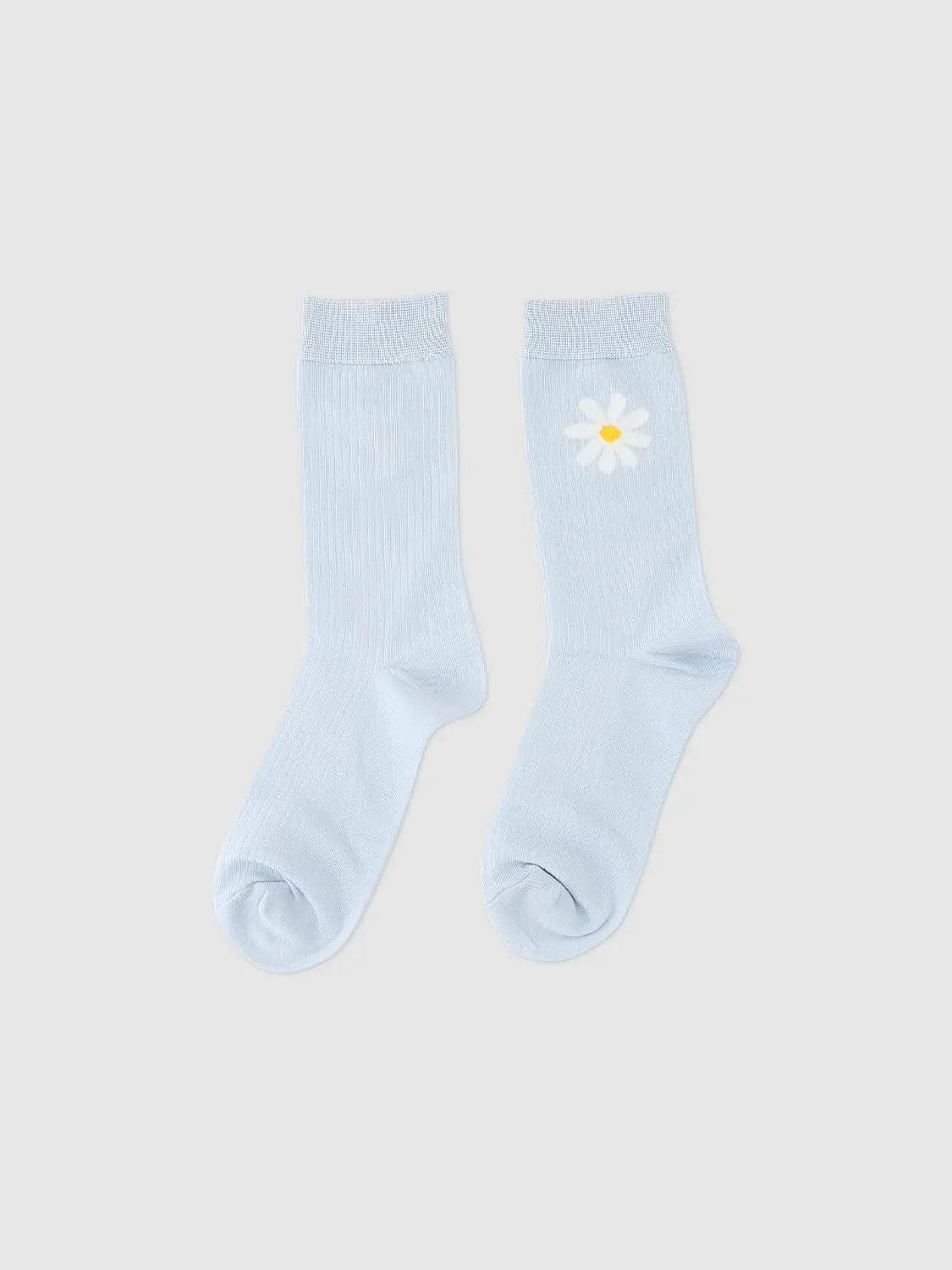 Ribbed Floral Print Light Blue Crew Socks