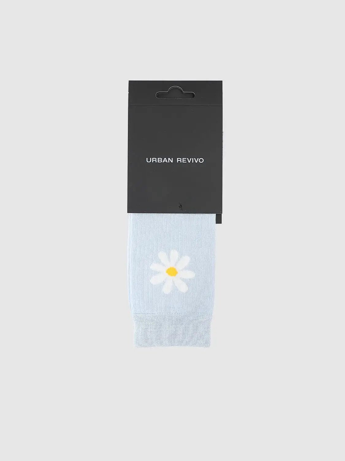 Ribbed Floral Print Light Blue Crew Socks