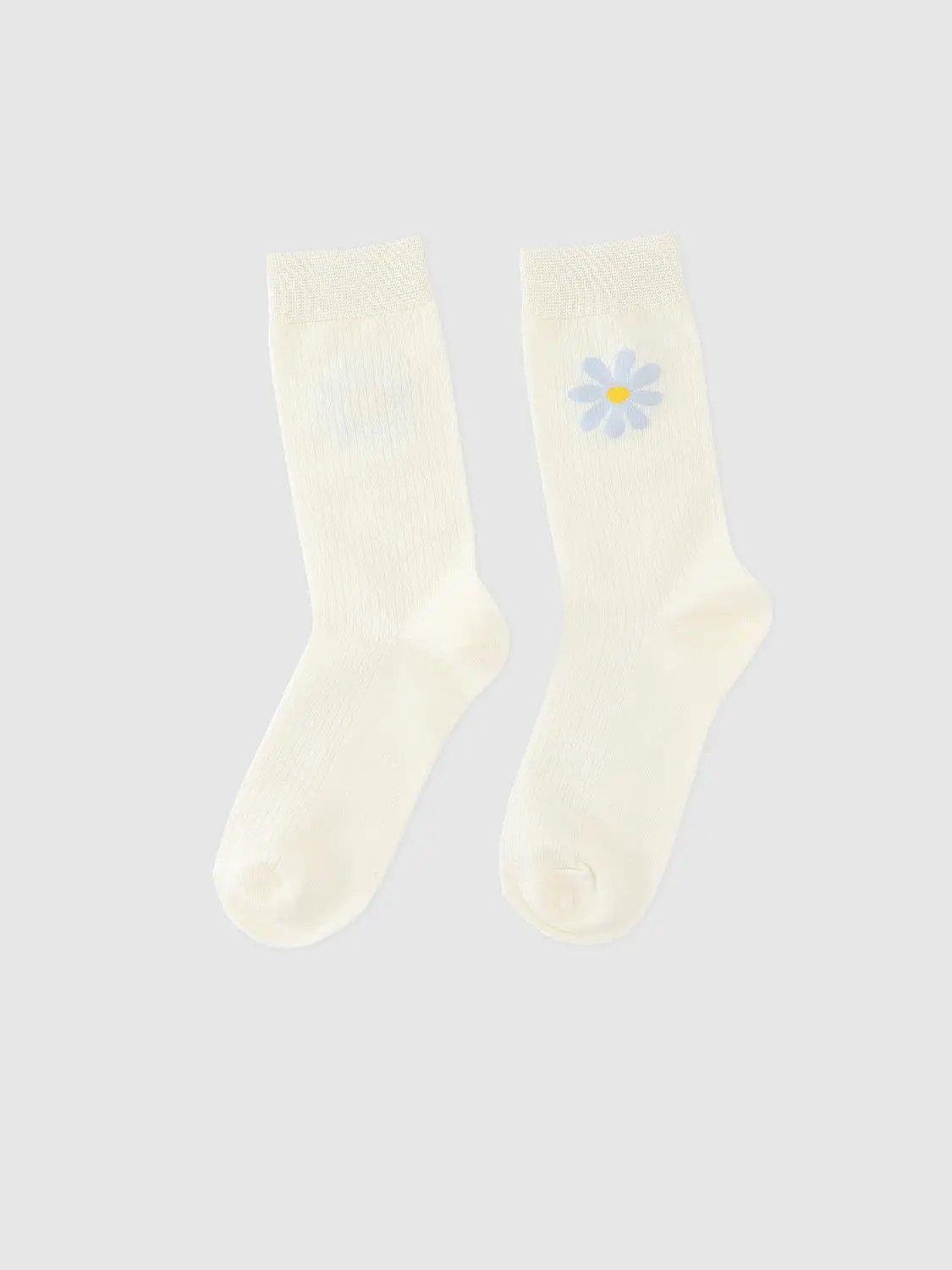 Ribbed Floral Print Light Blue Crew Socks