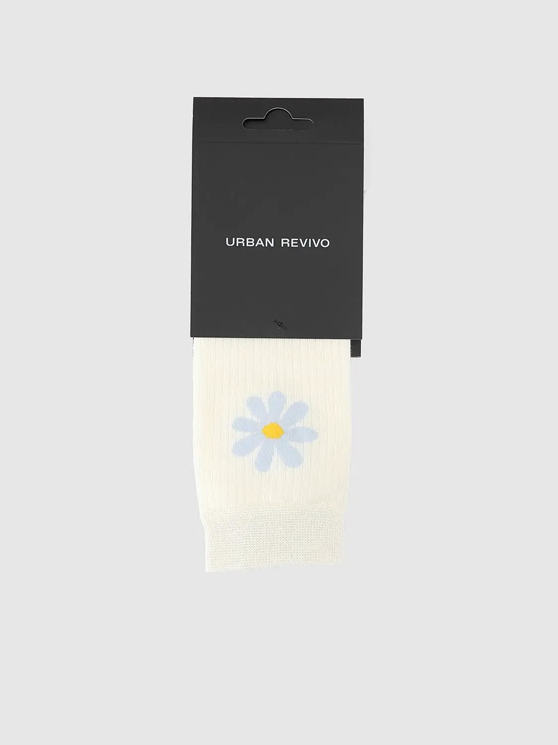 Ribbed Floral Print Light Blue Crew Socks