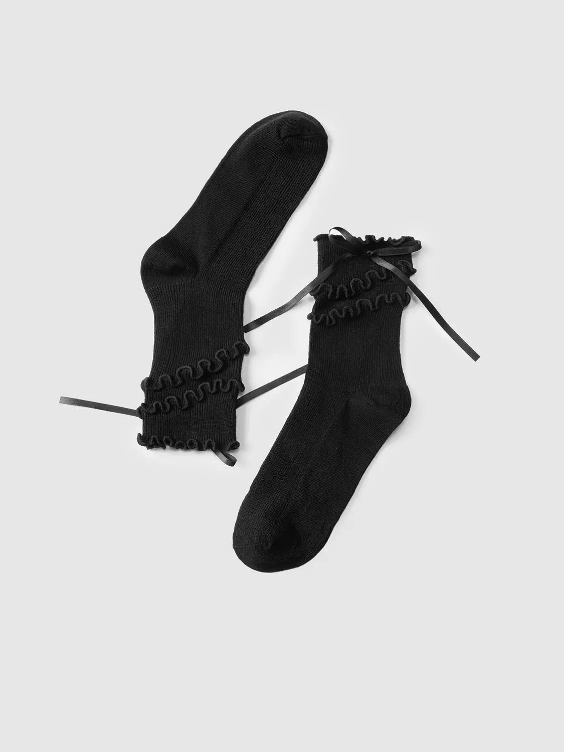 Ruffle Ribbon Tie Ribbed Cotton Blend Socks