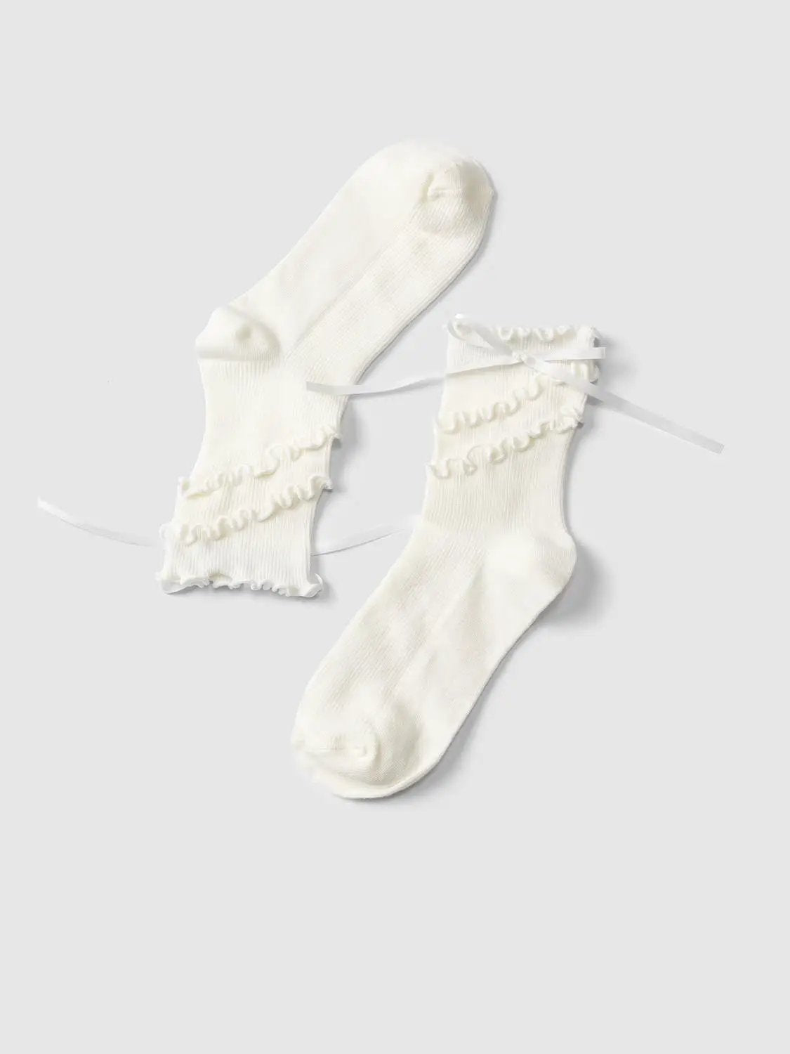 Ruffle Ribbon Tie Ribbed Cotton Blend Socks