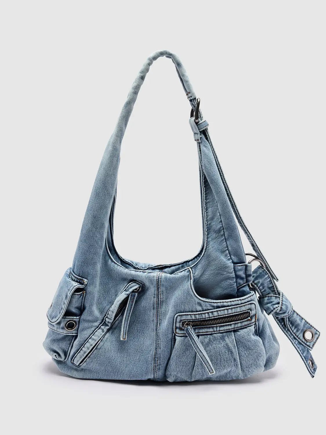 Multi Pocket Washed Denim Large Capacity Shoulder Bag