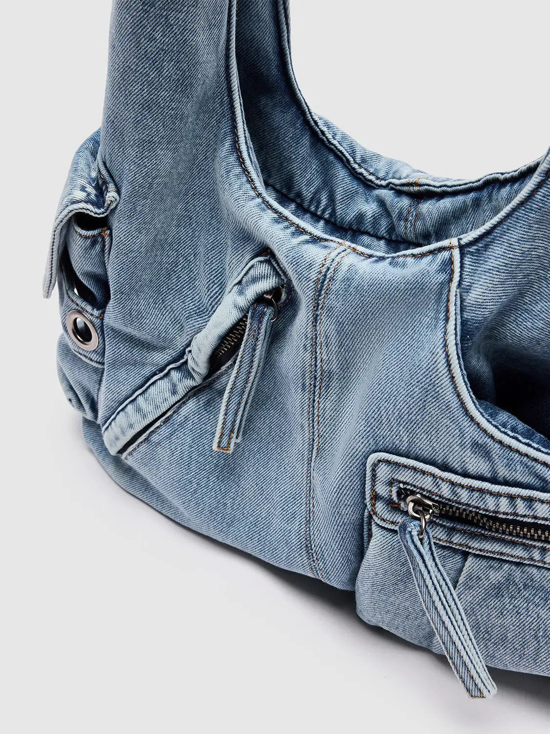 Multi Pocket Washed Denim Large Capacity Shoulder Bag
