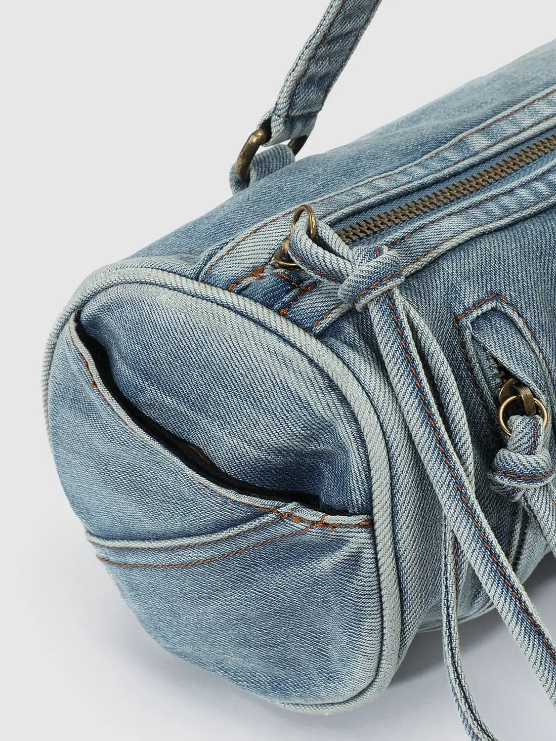 Vintage Denim Drawstring Pocket Bowling Shoulder Bag