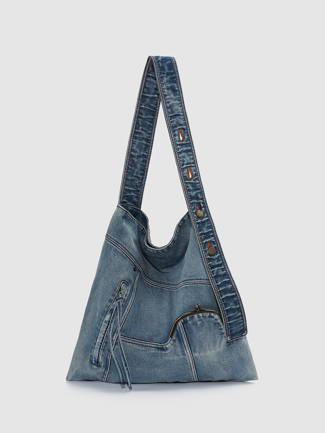 Wash Denim Multi Pocket Large Tote Shoulder Bag