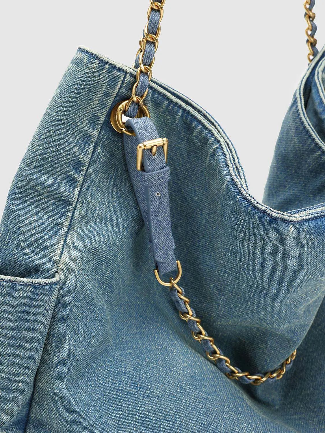 Chain Strap Washed Denim Large Capacity Shoulder Bag