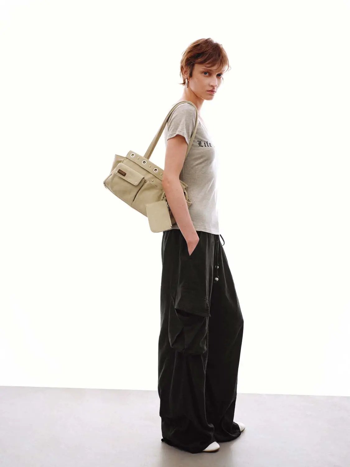 Grommet Detail Large Front Pocket Shoulder Bag