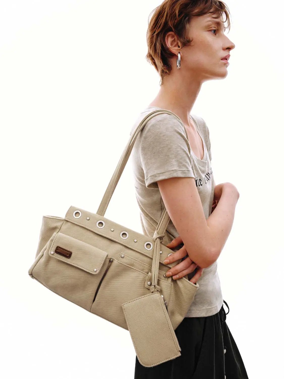 Grommet Detail Large Front Pocket Shoulder Bag
