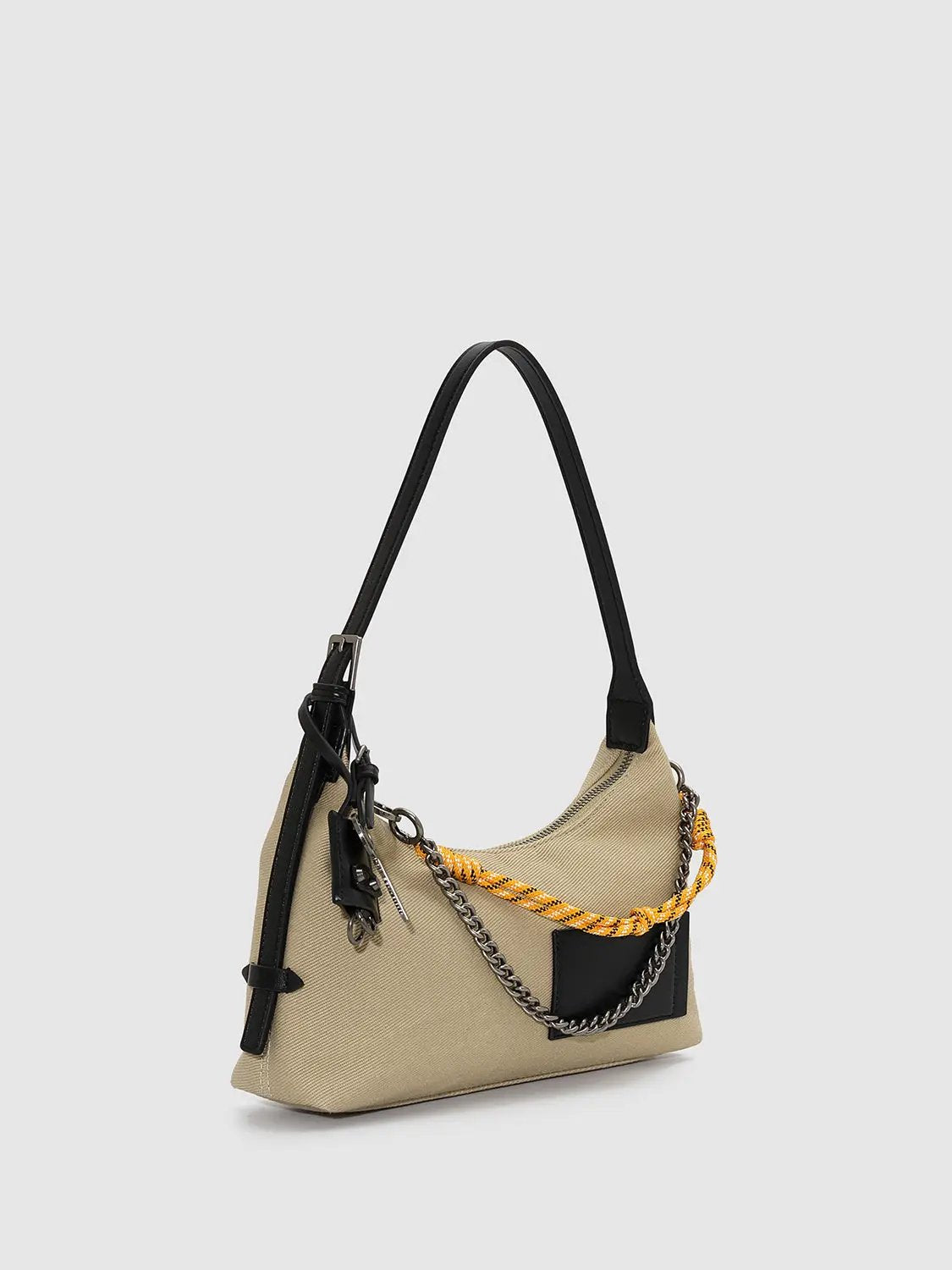 Faux Leather Patch Chain Strap Contrast Rope Accent Hobo Bag