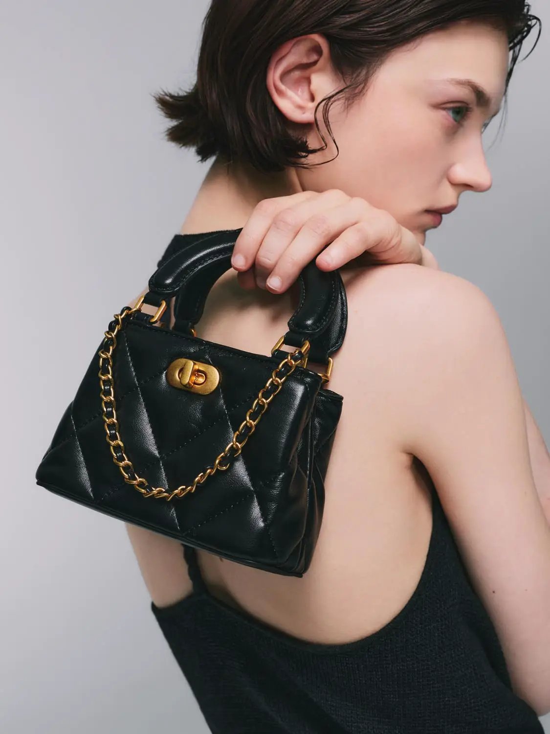 Quilted Artificial Leather Top Handle Crossbody Bag