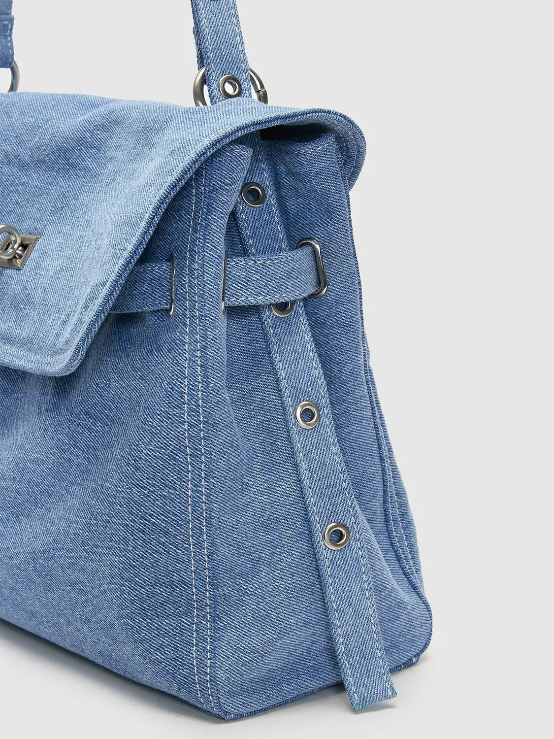 Denim Textured Flap Front Pocket Zip Crossbody Bag