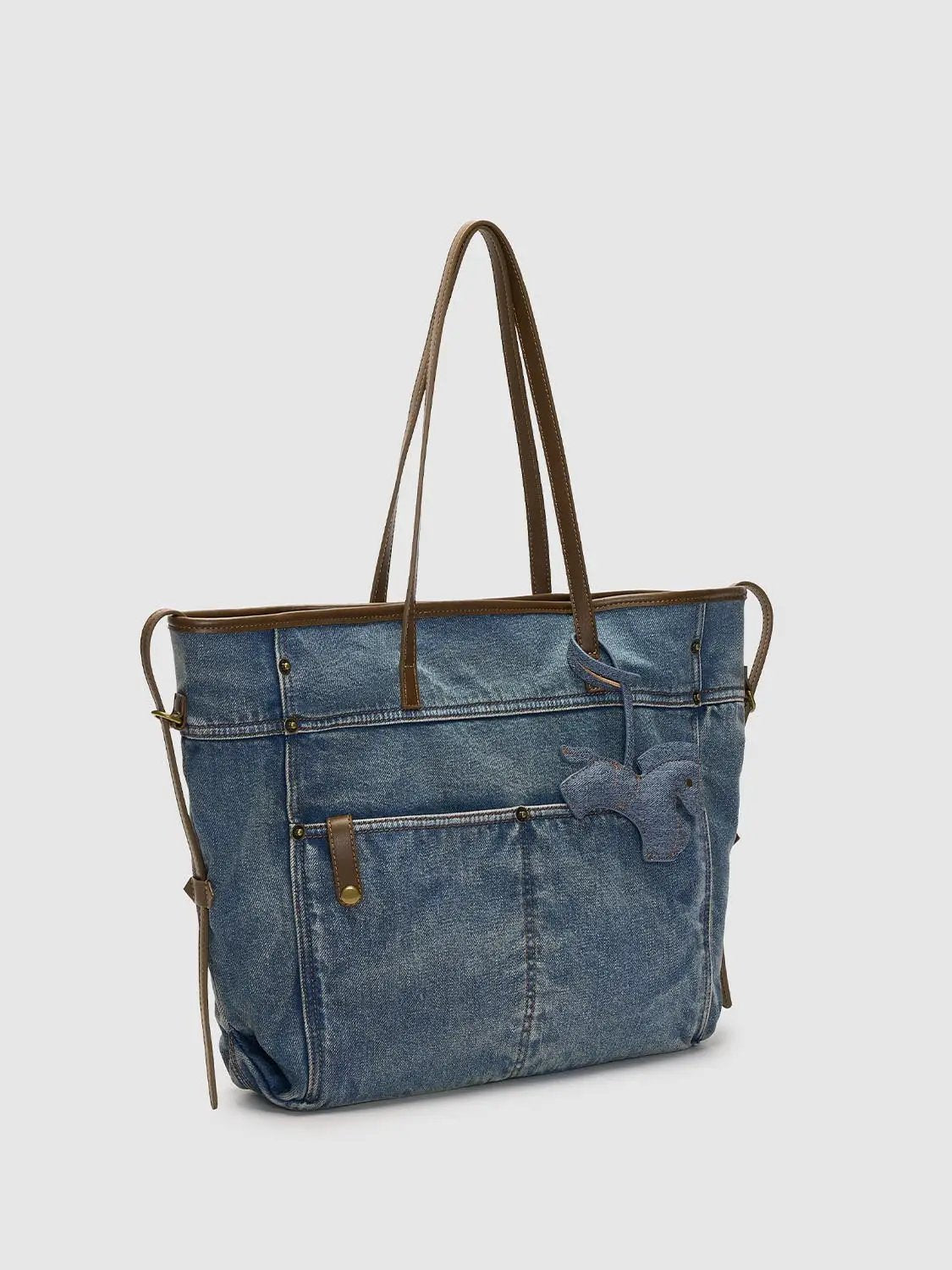 Denim Tote Bag With Leather Handle