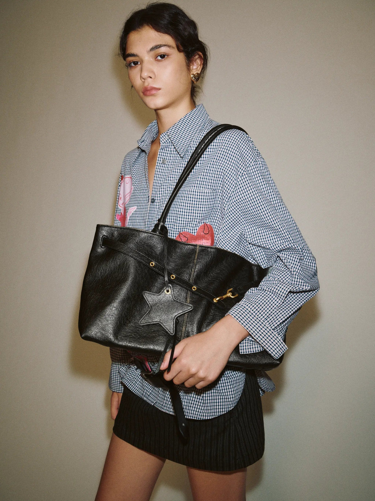 Textured Artificial Leather Star Charm Shoulder Bag