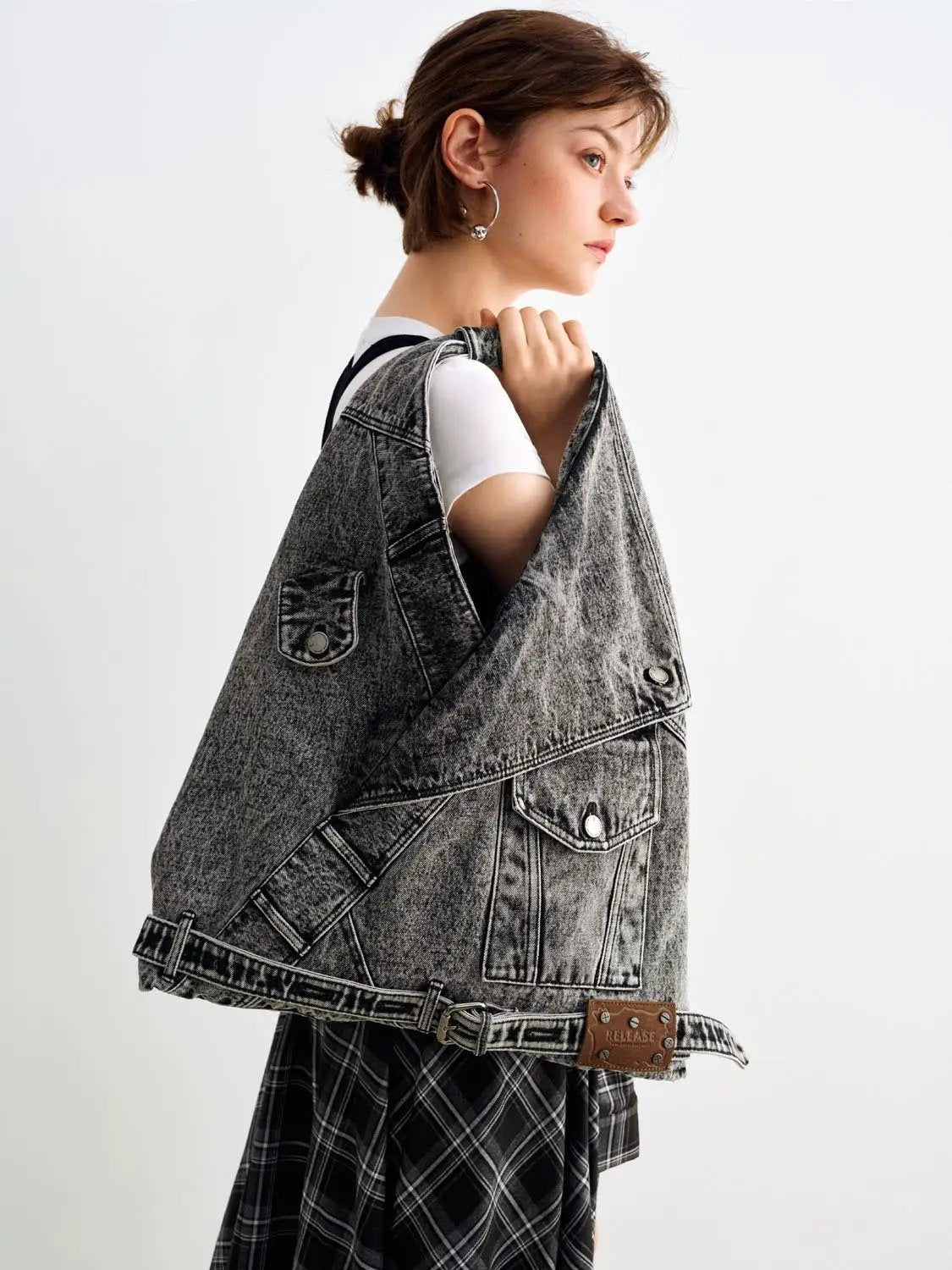 Washed Grey Denim Patchwork Shoulder Bag