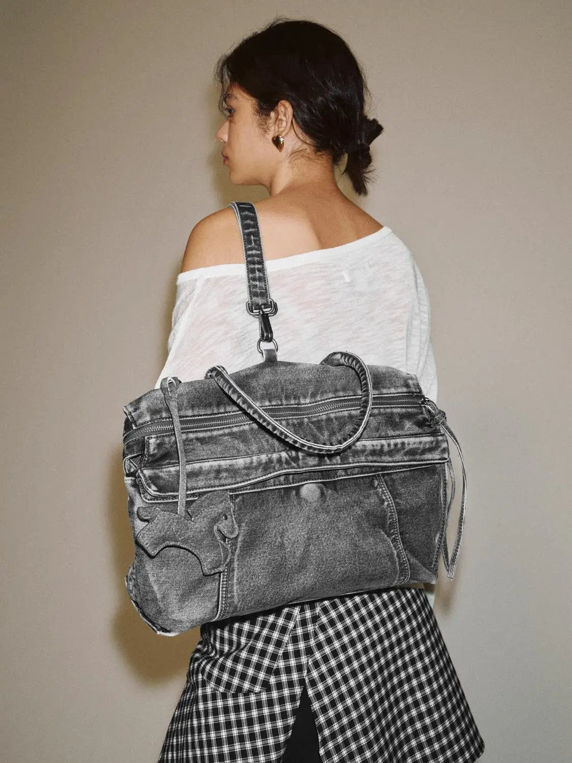 Washed Denim Twisted Handle Drawstring Zipper Handbag