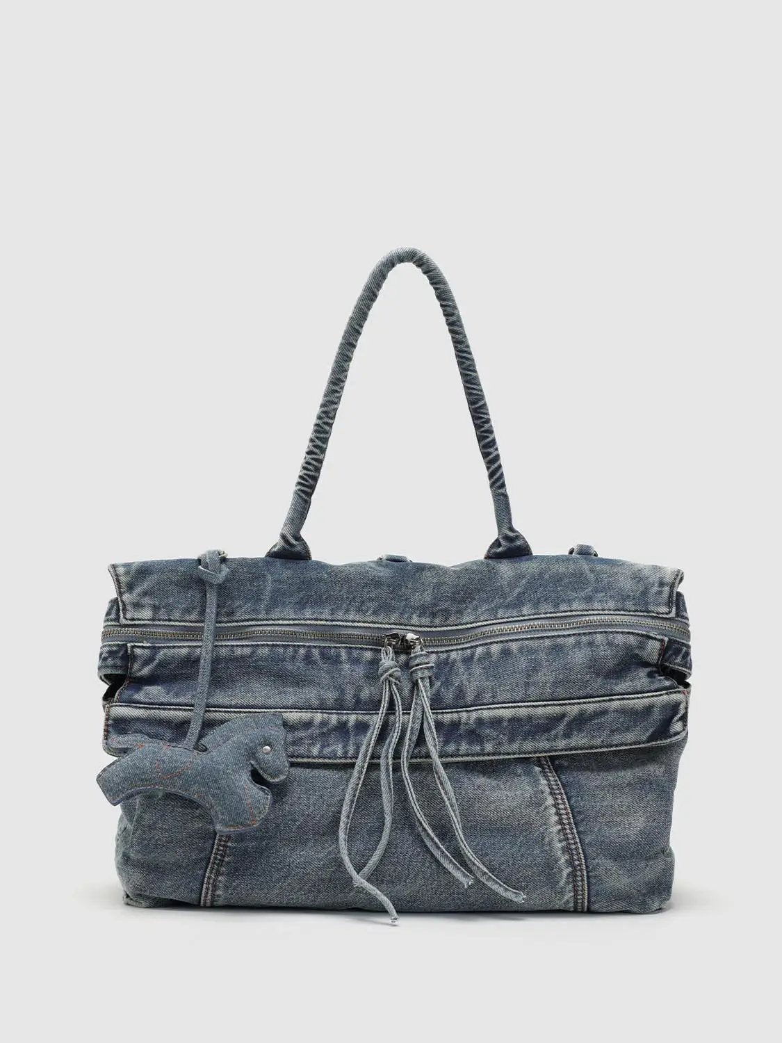 Washed Denim Twisted Handle Drawstring Zipper Handbag