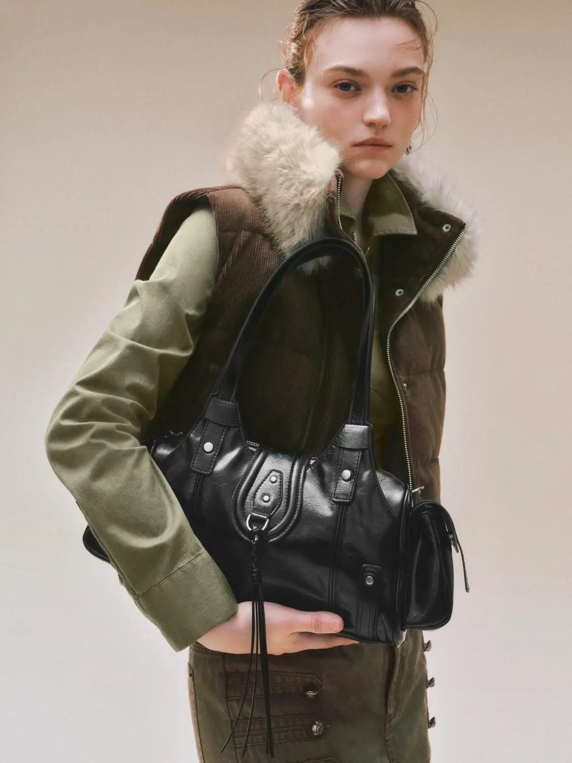 Studded Tassel Shoulder And Crossbody Handbag