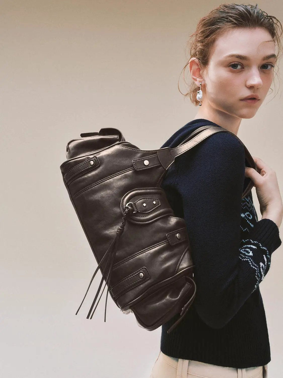 Studded Tassel Shoulder And Crossbody Handbag