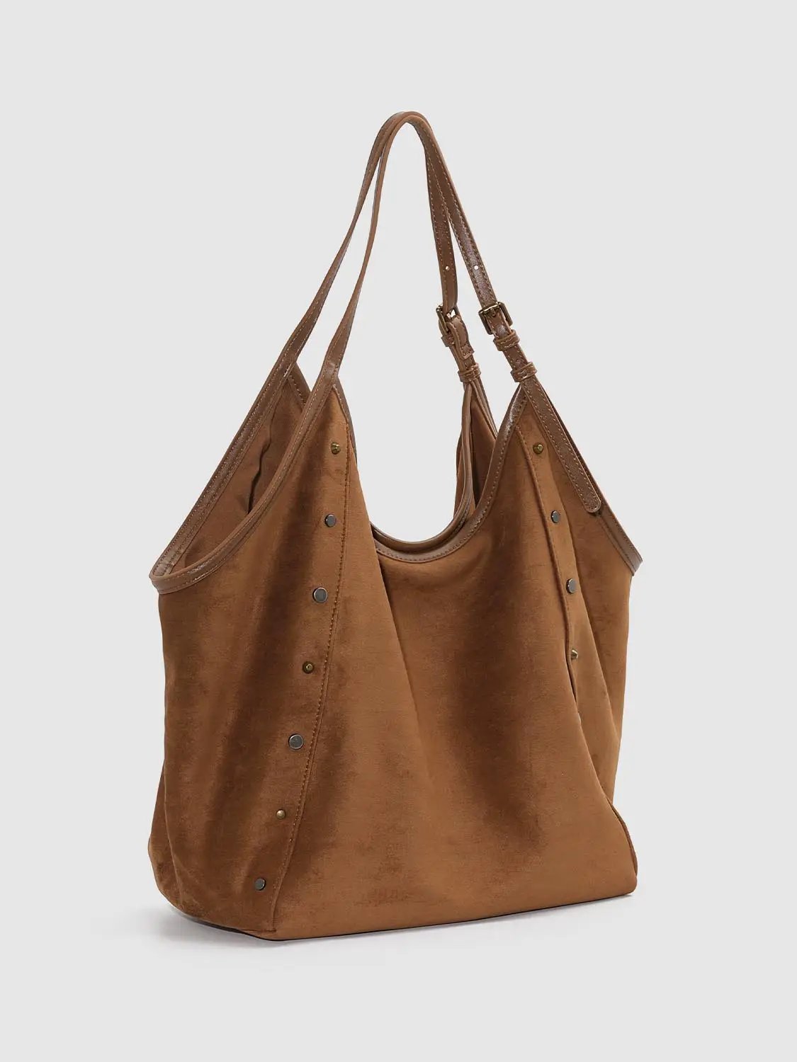 Studded Textured Brown Fabric Shoulder Bag