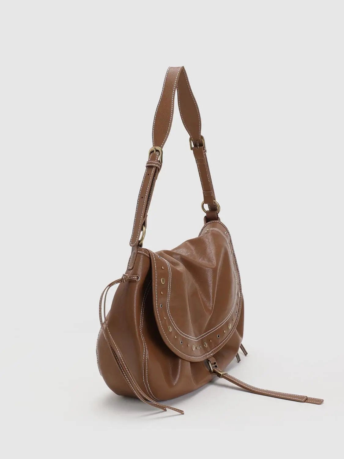 Studded Contrast Stitch Saddle Shoulder Bag