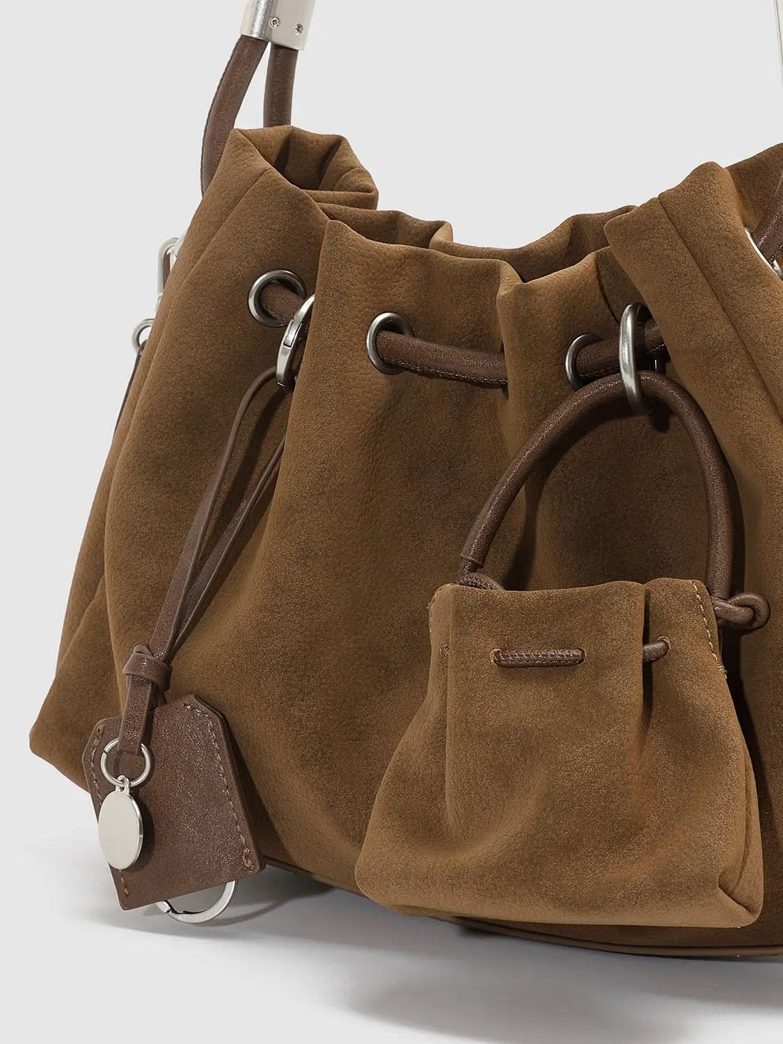 Ruched Drawstring Artificial Leather Shoulder Bag