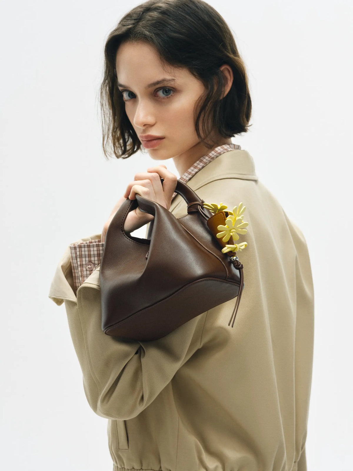 Top Handle Crossbody Bag with Button Closure Charm Detail