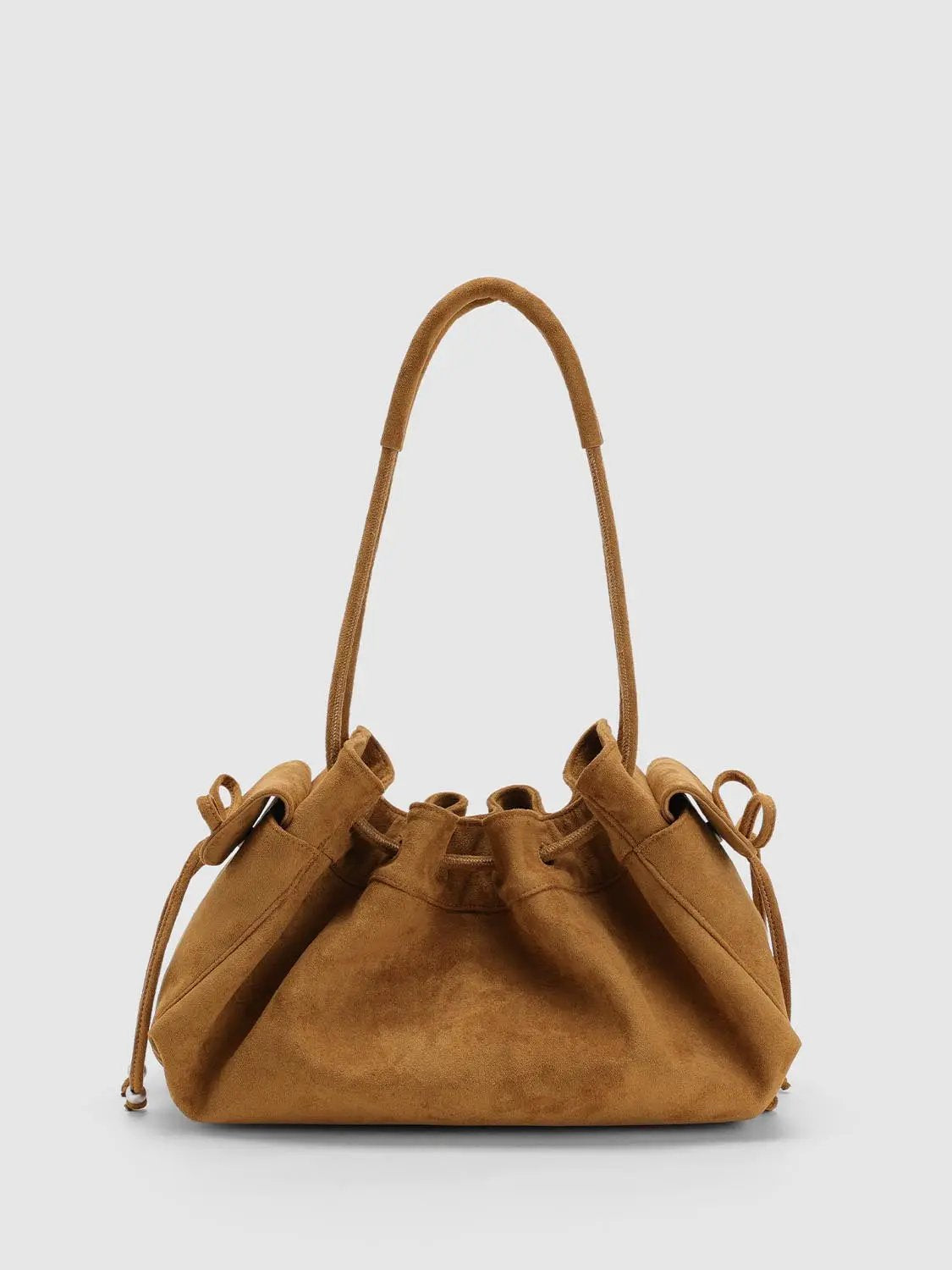 Tan Ruffled Drawstring Beaded Star Shoulder Bag