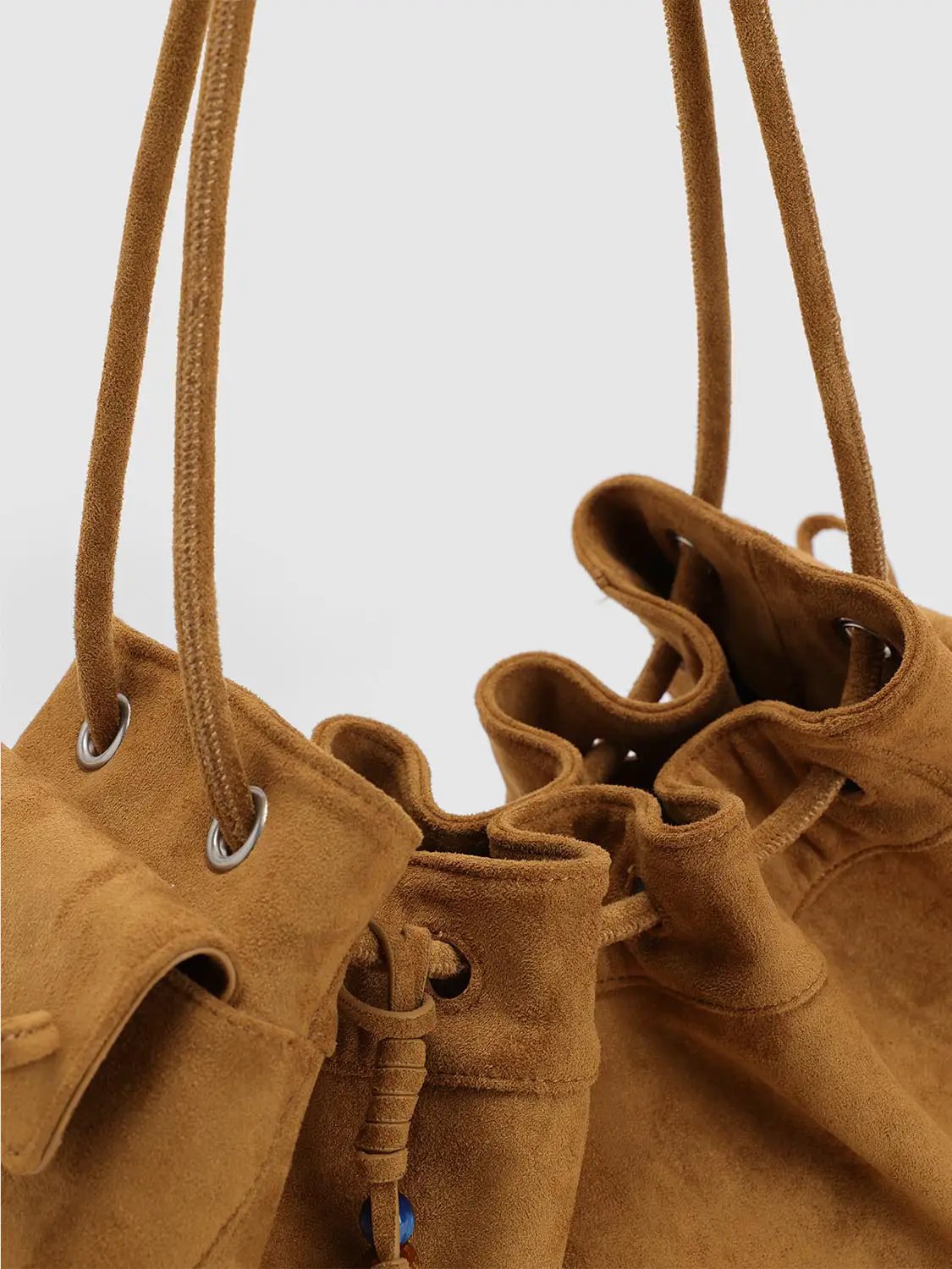 Tan Ruffled Drawstring Beaded Star Shoulder Bag