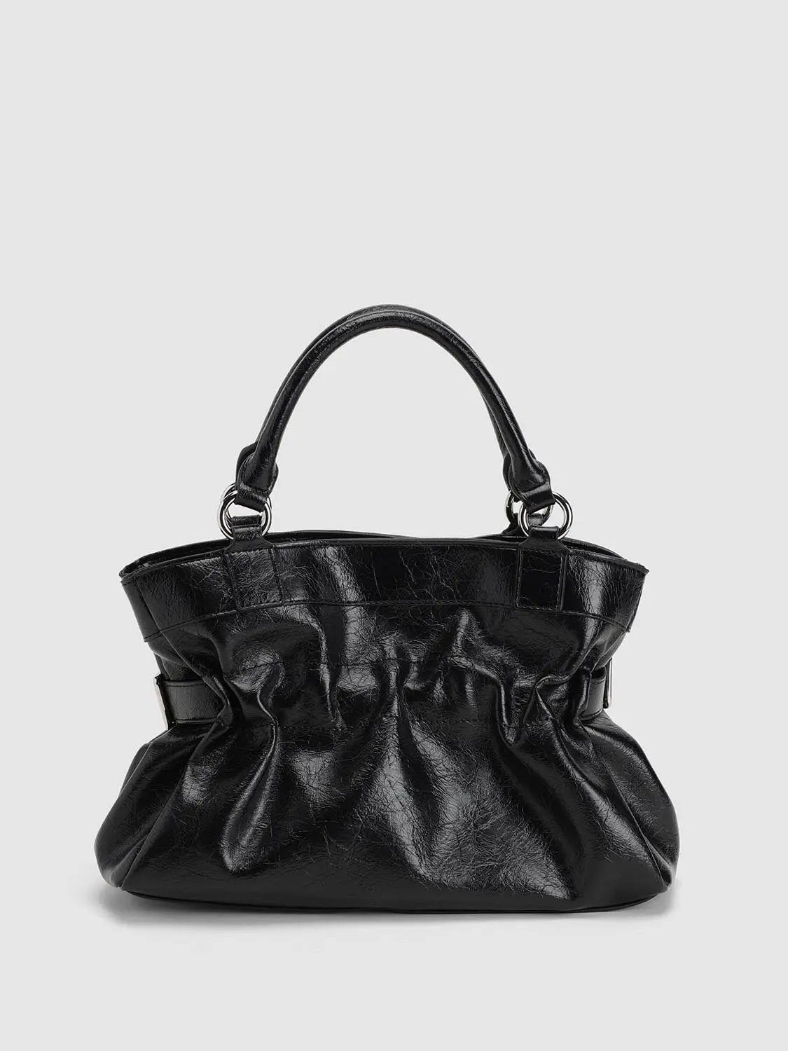 Zippered Ruched Black Crossbody Top Handle Handbag