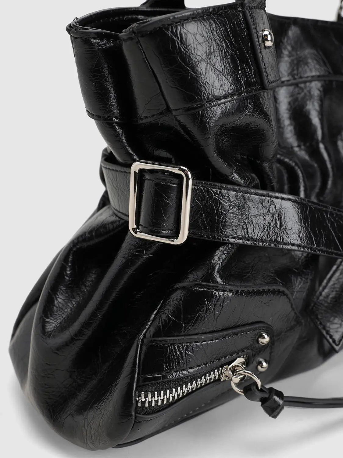 Zippered Ruched Black Crossbody Top Handle Handbag