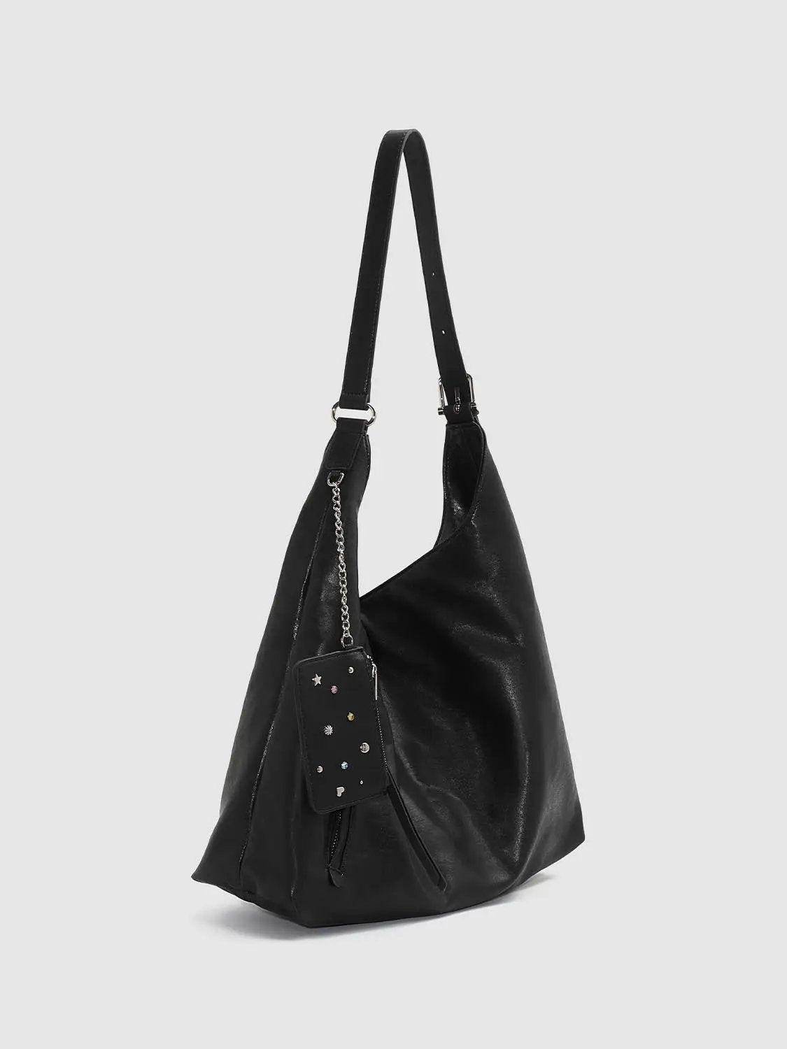 Slouchy Ruched Long Strap Shoulder Bag With Studded Charm