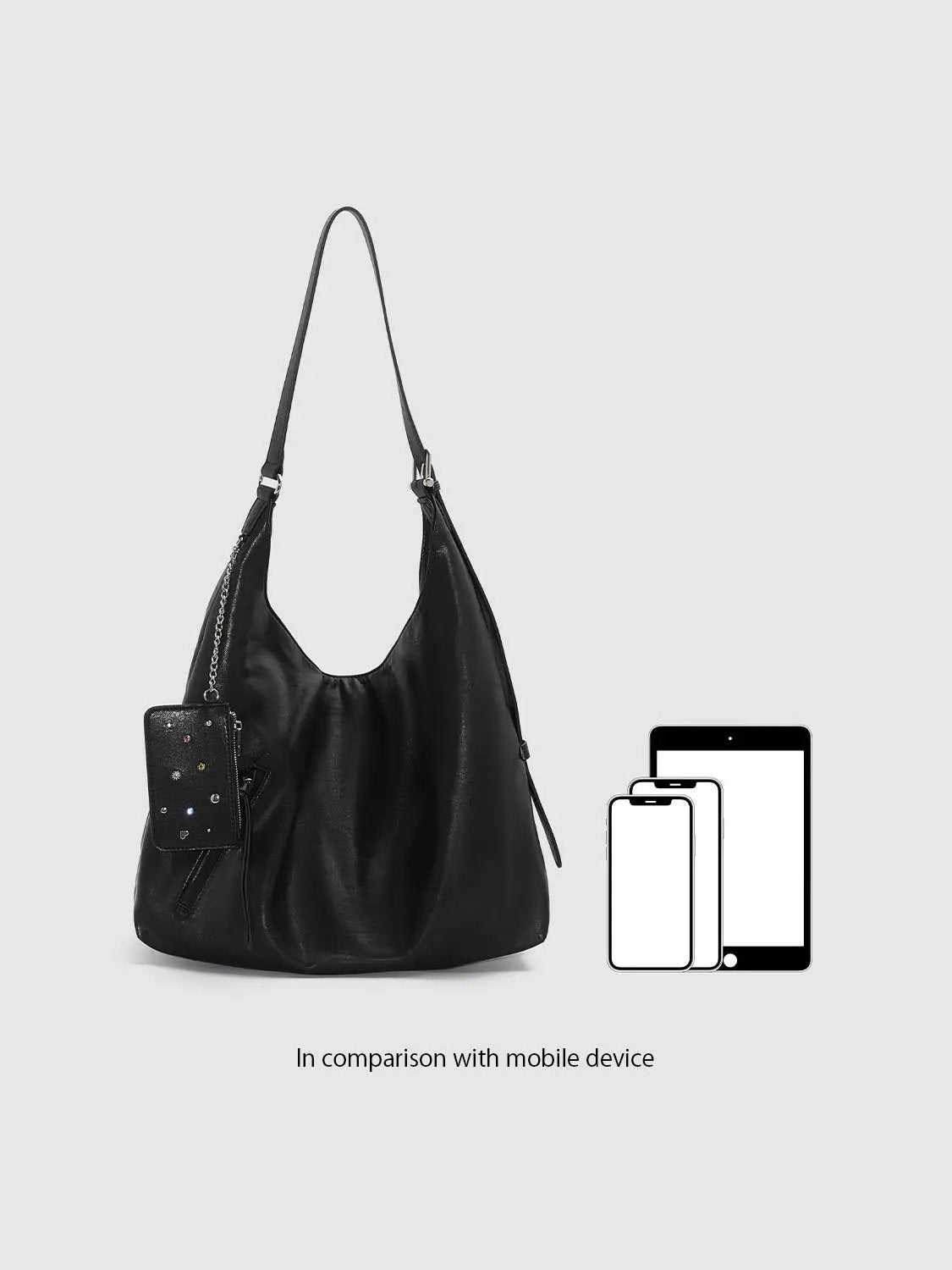Slouchy Ruched Long Strap Shoulder Bag With Studded Charm